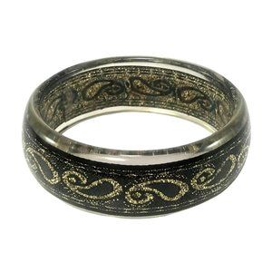 Lucite Bangle Bracelet Encased Black Ribbon with Metallic Gold Paisley Pattern